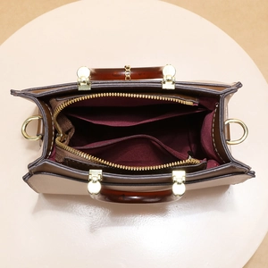 Contrast color leather handbag with tortoiseshell handles and spacious red interior