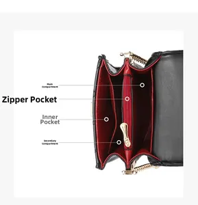 Internal structure of quilted crossbody bag with red lining and golden chain strap