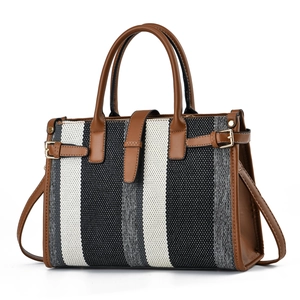 Sac À Main En Toile Rayée Couleur Contrastée Couture Cuir PU Sac À Bandoulière Pour Femmes Mode Urbaine