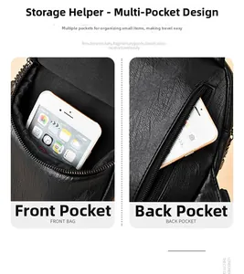 Detail view of the multi-pocket leather chest bag showing phone storage and zippers