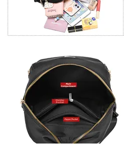 Détail de l'intérieur du sac à dos en nylon avec poches multiples pour tablettes et maquillage