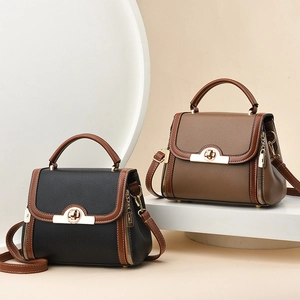 Sac à main minimaliste bicolore avec bandoulière et fermoir rotatif métallique élégant