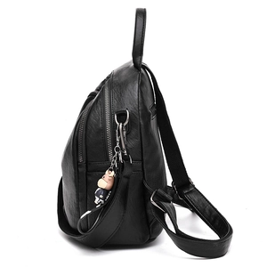 Women's black pebbled PU leather backpack with silver zippers and piglet charm