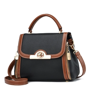 Classic black and brown contrast handbag with lychee texture and gold metal lock
