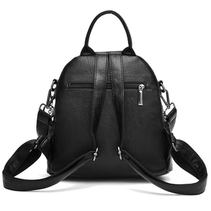 Rear view of black PU leather backpack with adjustable straps and anti-theft zip pocket