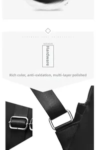 Close-up of polished silver metal buckles and durable nylon straps on a black backpack