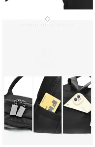 Detail of metal zippers, side pockets, and hidden anti-theft back pocket on nylon backpack
