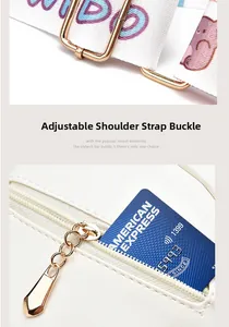 Detail of white leather crossbody bag showing adjustable cartoon strap and card slot