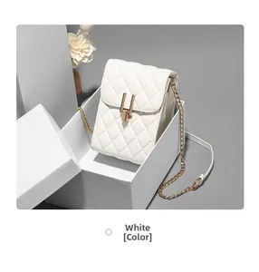 Close-up of white quilted mini bag with golden H-shaped buckle and metal chain strap