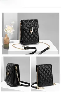 Detailed views of a black quilted mobile phone bag with golden chain strap and metal clasp