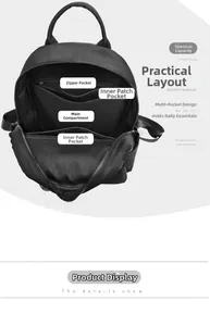 Internal layout of black nylon backpack featuring multi-pocket compartments and zip pocket