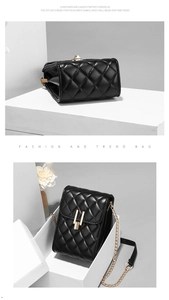 Detail view of black quilted pattern on the chain bag and its storage in a gift box