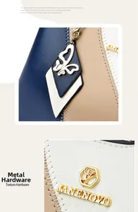Détails d'un sac à main en cuir tricolore avec ornements hexagonaux et logo JANENOVO