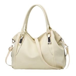 Beige faux leather handbag with lychee pattern and gold hardware on white background