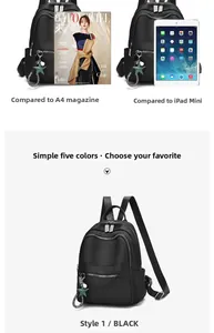 Size comparison of black nylon laptop backpack with A4 magazine and iPad Mini