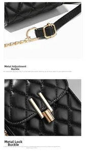 Close-up of golden metal buckle and sleek lock on black quilted leather crossbody bag