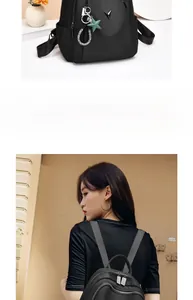 Detail view and model shot of a black nylon backpack with decorative star pendants
