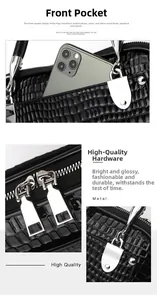 Detail of black crocodile texture handbag featuring front phone pocket and silver zippers