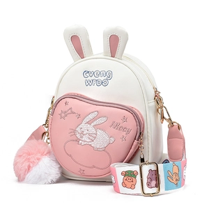 Pink and white girl's rabbit-themed crossbody bag with heart pocket and cartoon strap