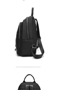 Side and back view of a waterproof black backpack showing multiple zipper compartments
