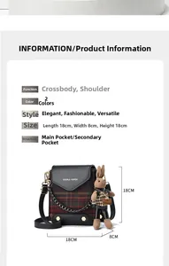 Detail showing red and green plaid crossbody bag dimensions 18x8x18cm with rabbit charm