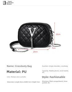 Detail view of black quilted crossbody bag with V-logo, measuring 20x7x15cm in PU leather