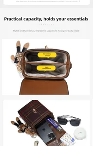 Detail view of the vintage brown crossbody bag interior with dual compartments and storage