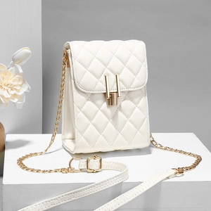 Elegant white quilted crossbody phone bag with gold U-shaped buckle and chain strap
