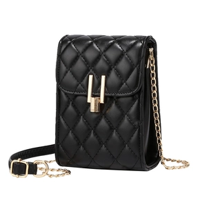 Fashionable black quilted shoulder bag with gold hardware and metal chain strap