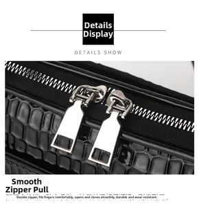 Detail of premium crocodile texture leather with smooth double silver metal zippers