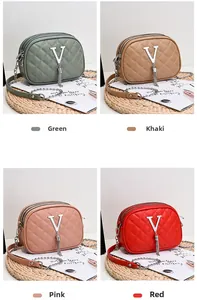 Collage of quilted crossbody bags in green, khaki, pink, and red with triple zippers