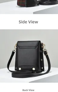 Detail view of black vintage mini bag with gold rivets and rear exterior pocket