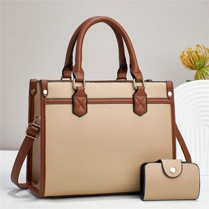 Fashionable beige and brown contrast two-piece tote bag set with textured leather