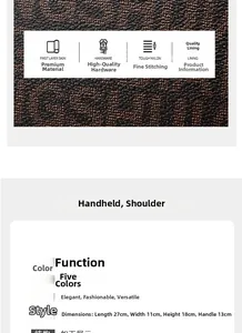 Detailed size specifications for leather handbag with 27cm length and material overview