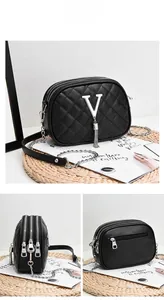 Three-angle view of black quilted crossbody bag featuring triple-zip storage and a V-logo