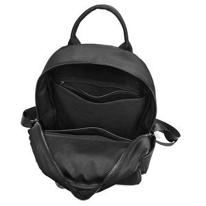 Women's black nylon backpack showing spacious interior with multi-functional pockets