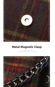 Detail of vintage plaid bag with magnetic metal clasp and woven leather chain strap