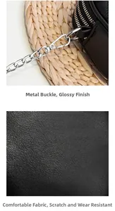 Detail of silver metallic hardware hook and black litchi texture leather material