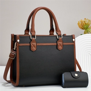 Women PU Leather Litchi Grain Handbag And Card Holder Contrast Color Large Capacity Elegant Casual Tote Crossbody Bag