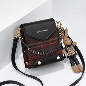 Retro Mini Crossbody Bag PU Leather And Plaid Fabric Flap Square Phone Purse With Rabbit Charm For Women Girls