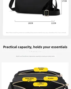 Detailed size chart and internal structure of the black waterproof nylon crossbody bag