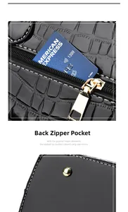 Detail showing the back zipper pocket of the black faux crocodile skin handbag