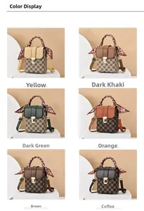 Detailed grid of mini checkered crossbody bags in various colors with silk scarf handles