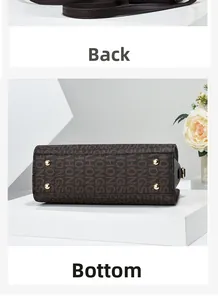 Detailed view of dark brown monogram handbag back and bottom with gold protective studs