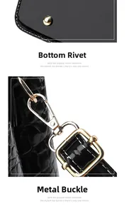 Detail of crocodile texture bag showing protective base rivets and gold-tone metal buckles