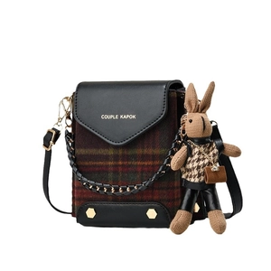 Vintage retro crossbody bag with plaid pattern, chain handle and brown rabbit charm