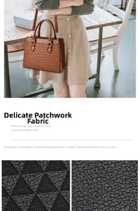 Dettaglio della borsa tote in pelle PU marrone con motivo a triangoli e trama liscia