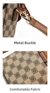 Detail view of gold-tone hardware clasp and brown checkered floral fabric texture