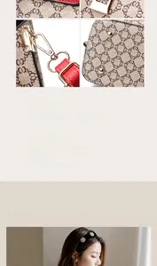 Detailed close-up of retro monogram faux leather handbag with red straps and gold hooks