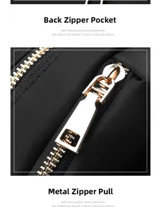 Macro shot of durable black nylon bag featuring back zipper pocket and gold metal hardware